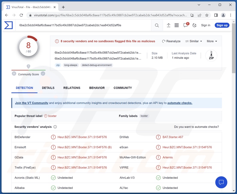 Detecciones del malware Fewer en VirusTotal