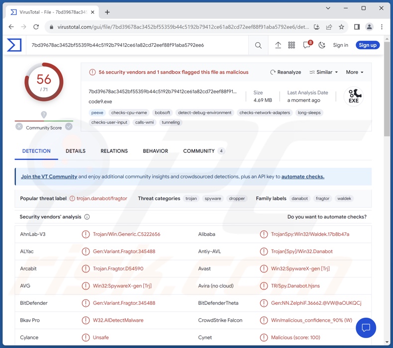 Detecciones del malware HijackLoader en VirusTotal