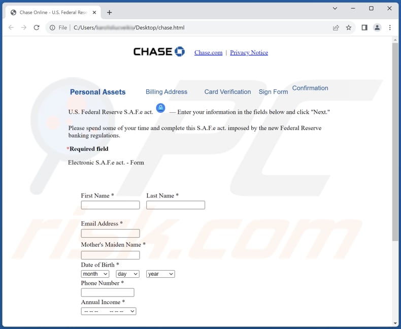 Formulario de phishing fraudulento del 