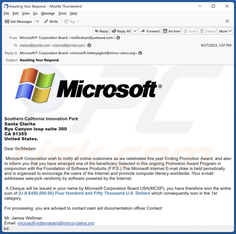 Estafa de la lotería Microsoft Ending Promotion Award