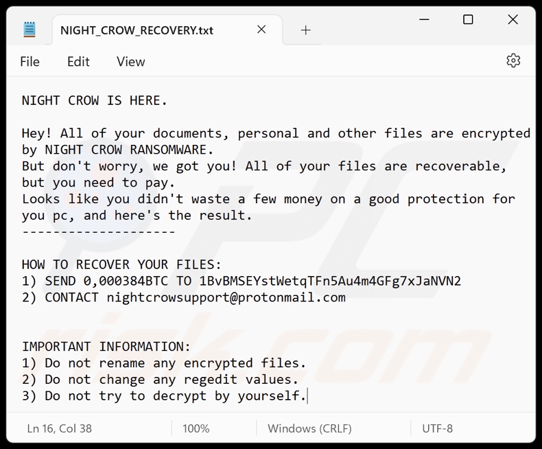 Nota de rescate del ransomware NIGHT CROW (NIGHT_CROW_RECOVERY.txt)