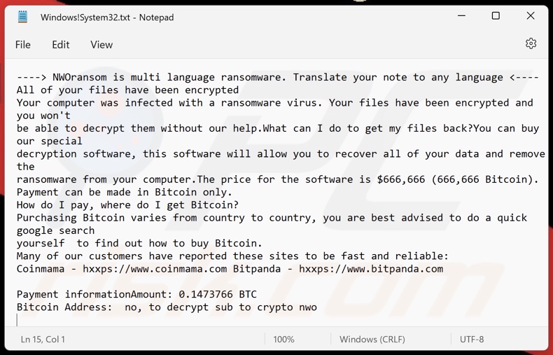 Nota de rescate del ransomware NWOransom (Windows!System32.txt)