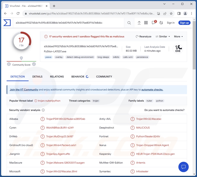 Detecciones del malware PySilon en VirusTotal