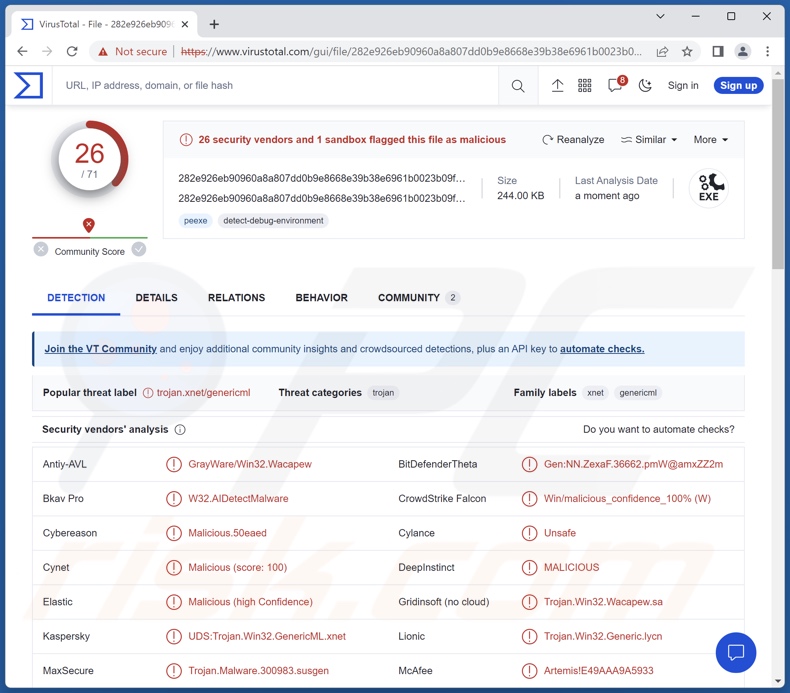 Detecciones del malware SuperBear en VirusTotal