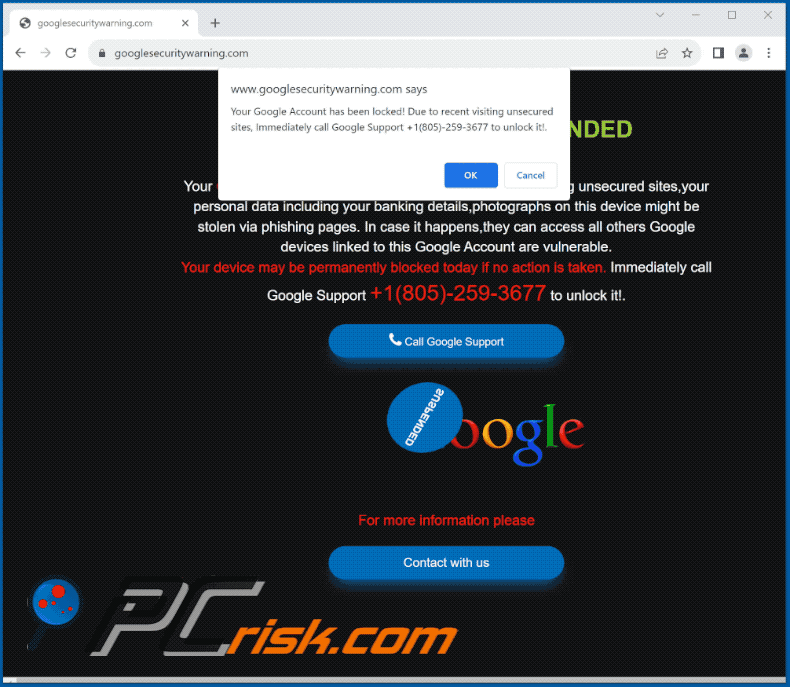 Aspecto de la estafa Your Google Account Has Been Locked!