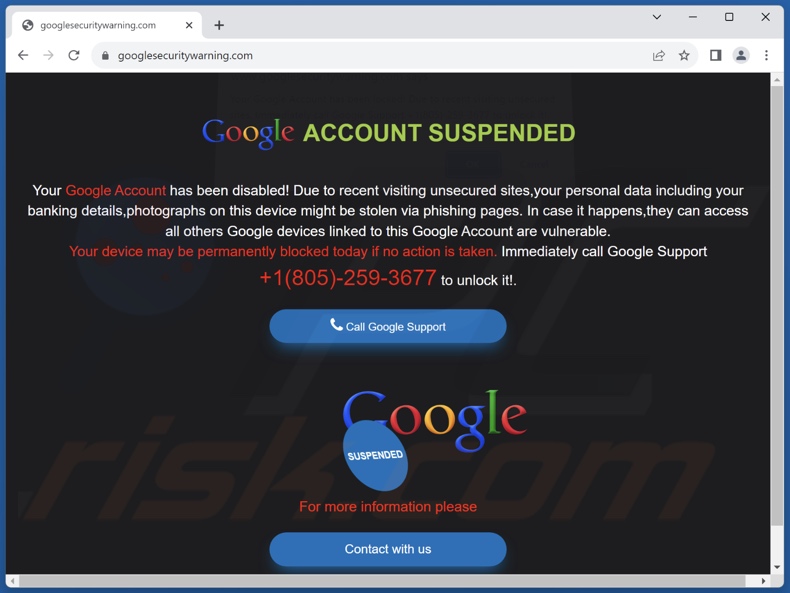 Página de fondo de la estafa Your Google Account Has Been Locked!