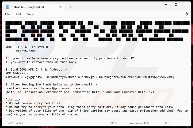 Archivo de texto del ransomware EARTH GRASS (Read ME (Decryptor).txt)