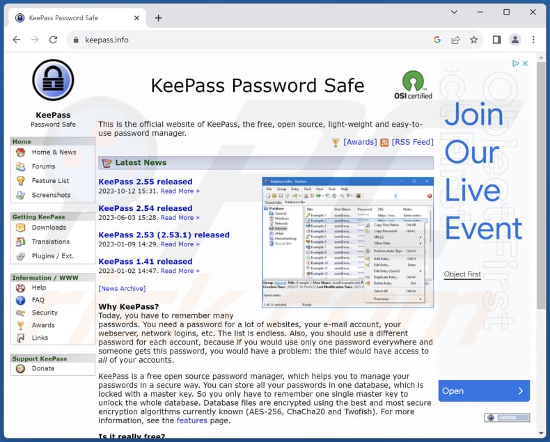 Sitio real del malware Fakebat KeePass