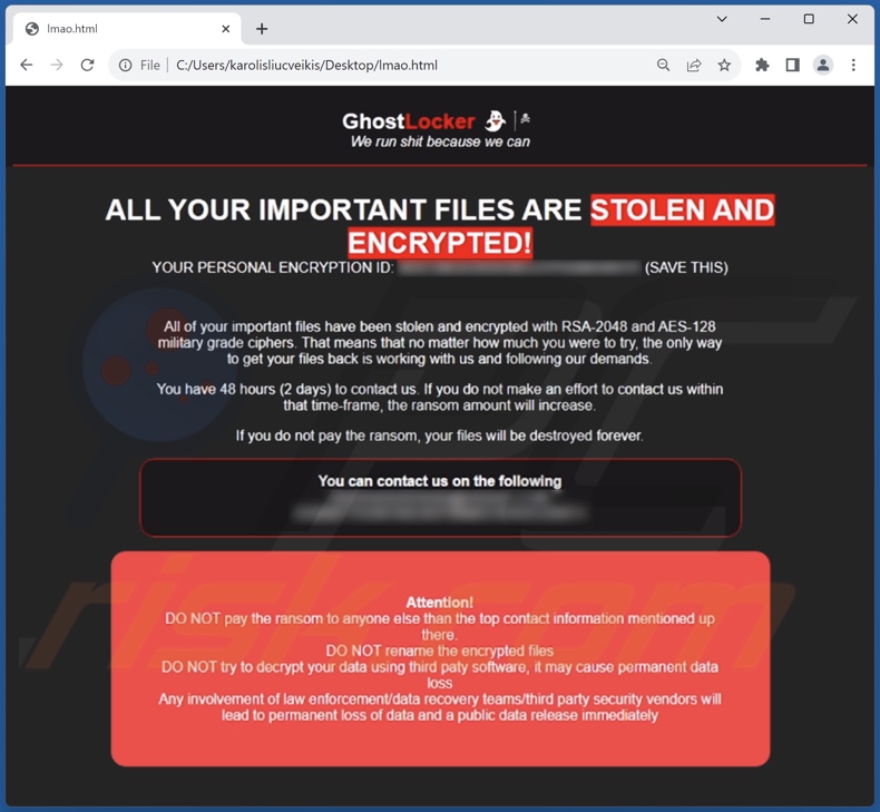 Nota de rescate del ransomware GhostLocker (lmao.html)
