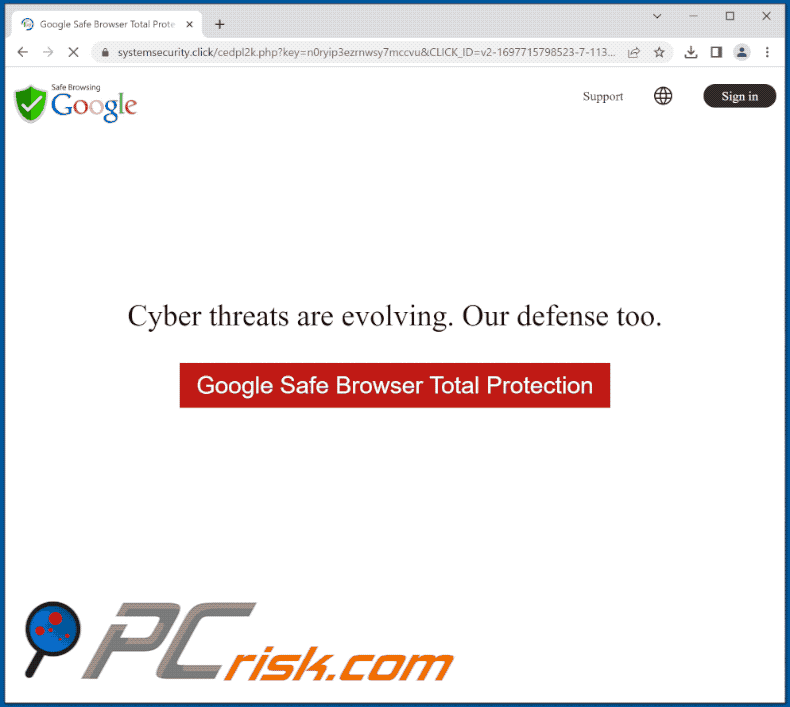 Aspecto de la estafa de Google Safe Browser Total Protection (GIF)