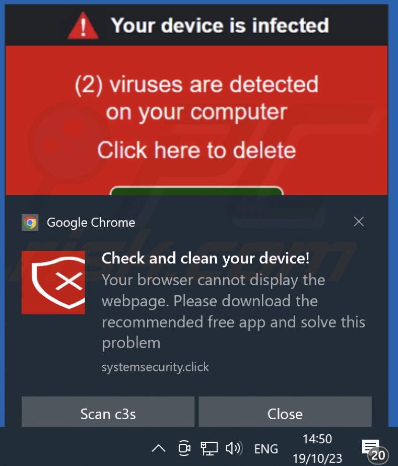 Anuncio mostrado por una página web que ejecuta la estafa Google Safe Browser Total Protection (systemsecurity[.]click)