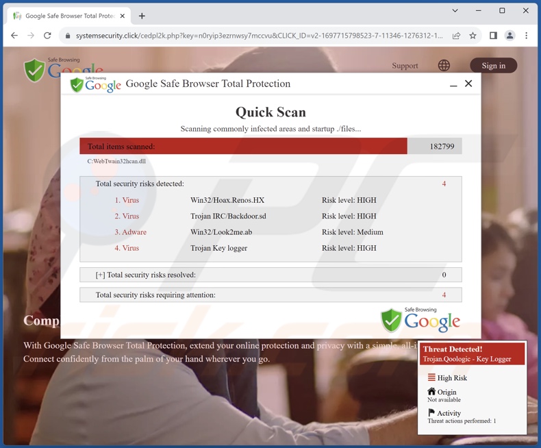 Estafa de Google Safe Browser Total Protection (página de fondo)