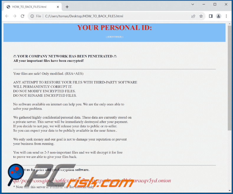 Instrucciones de descifrado del ransomware Hazard en GIF (HOW_TO_BACK_FILES.html)