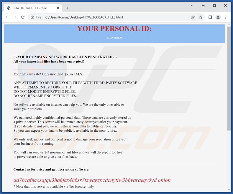 Archivo HTML del ransomware Hazard (HOW_TO_BACK_FILES.html)