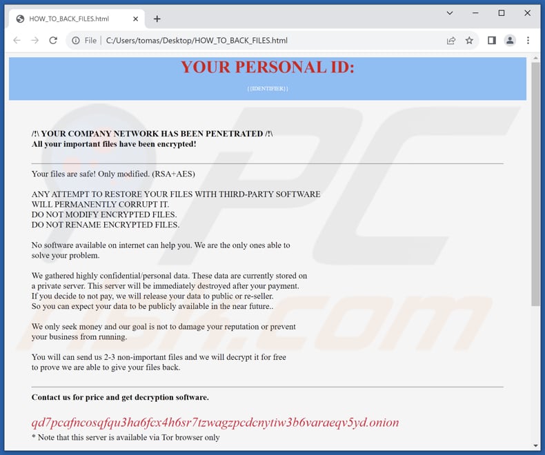 Archivo HTML del ransomware Hazard (HOW_TO_BACK_FILES.html)