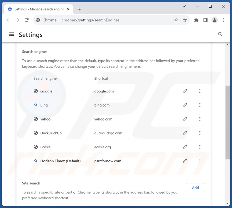 Eliminar psrcfornow.com del motor de búsqueda predeterminado de Google Chrome