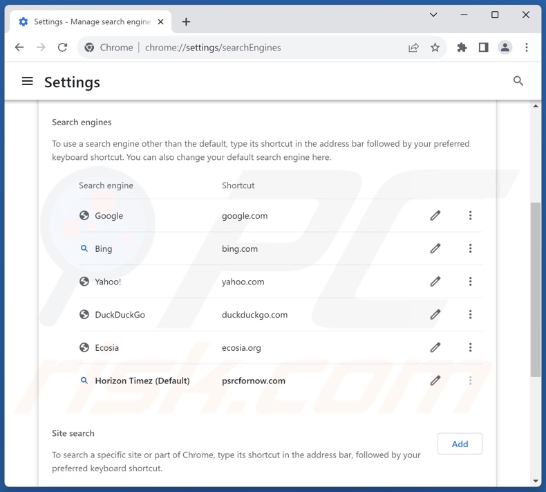 Eliminar psrcfornow.com del motor de búsqueda predeterminado de Google Chrome