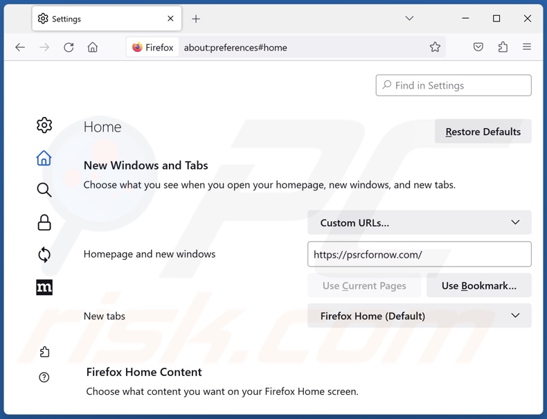 Eliminar psrcfornow.com de la página de inicio de Mozilla Firefox