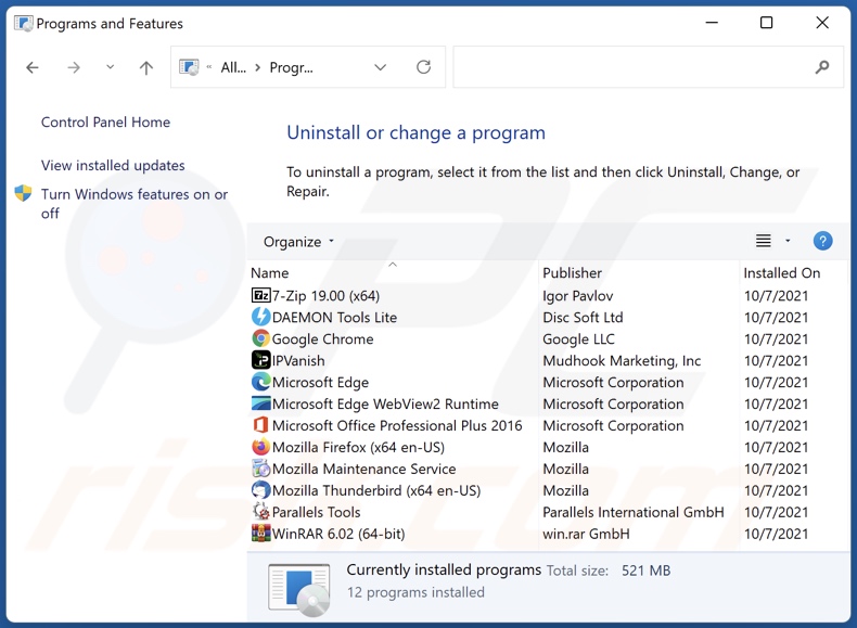 Desinstalación de la aplicación secuestradora de navegador a través del Panel de Control