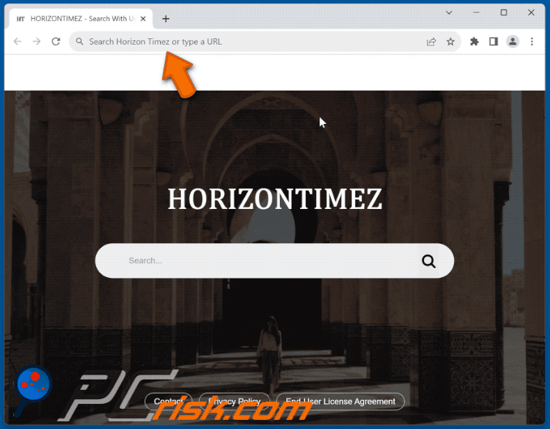 El secuestrador del navegador Horizon Timez redirigiendo a Bing (GIF)