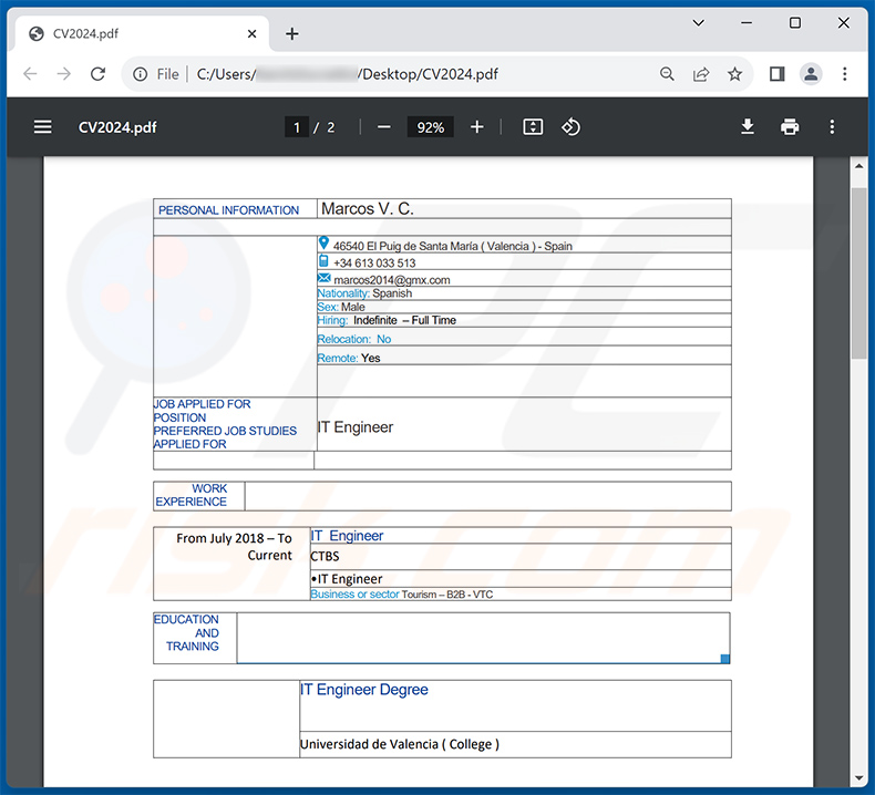 Documento PDF distribuido a través de correo electrónico fraudulento de HR (Human Resources) (2023-10-16)