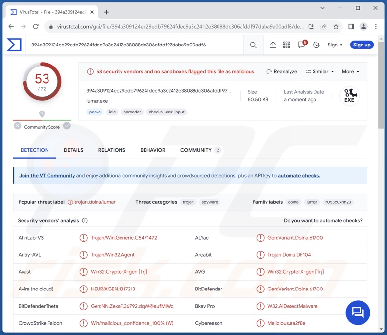 Detecciones del malware Lumar en VirusTotal