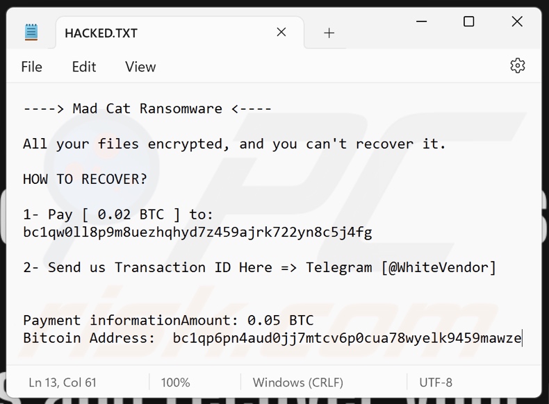 Nota de rescate del ransomware Mad Cat (HACKED.txt)