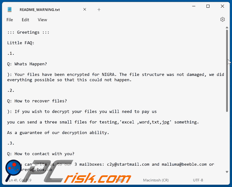 Nota de rescate del ransomware Nigra (README_WARNING.txt) GIF