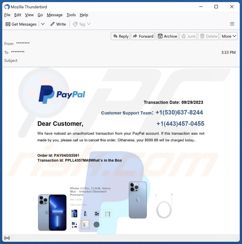 Campaña de spam de PayPal - Unauthorized Transaction