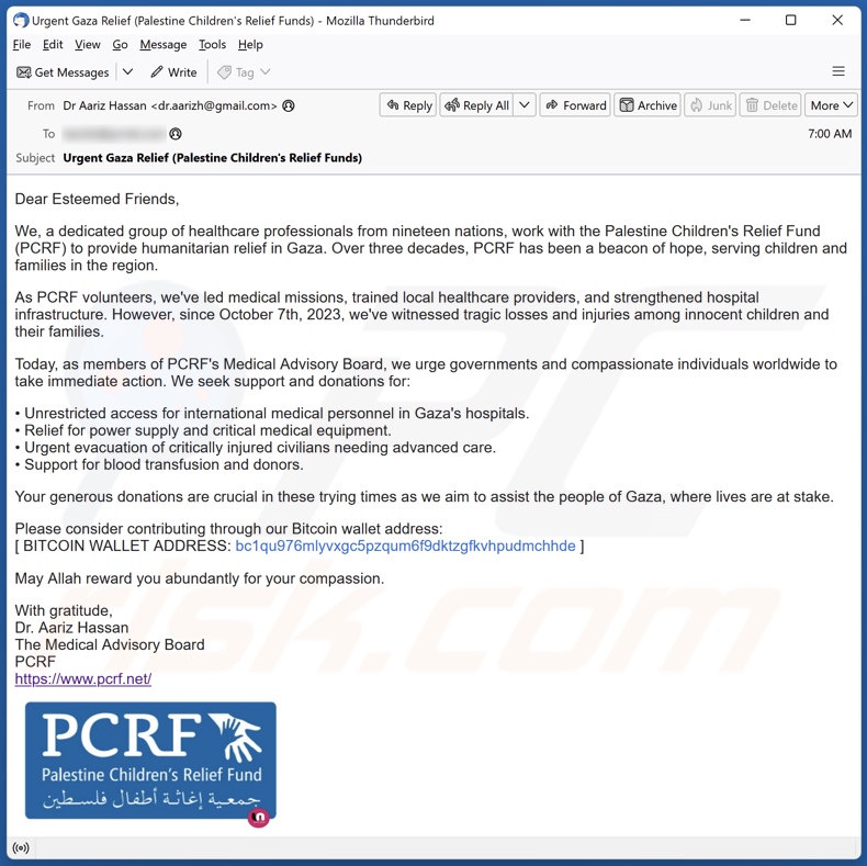 Campaña de spam por correo electrónico de PCRF