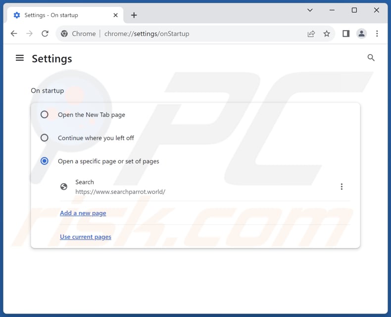 Eliminar searchparrot.world de la página de inicio de Google Chrome
