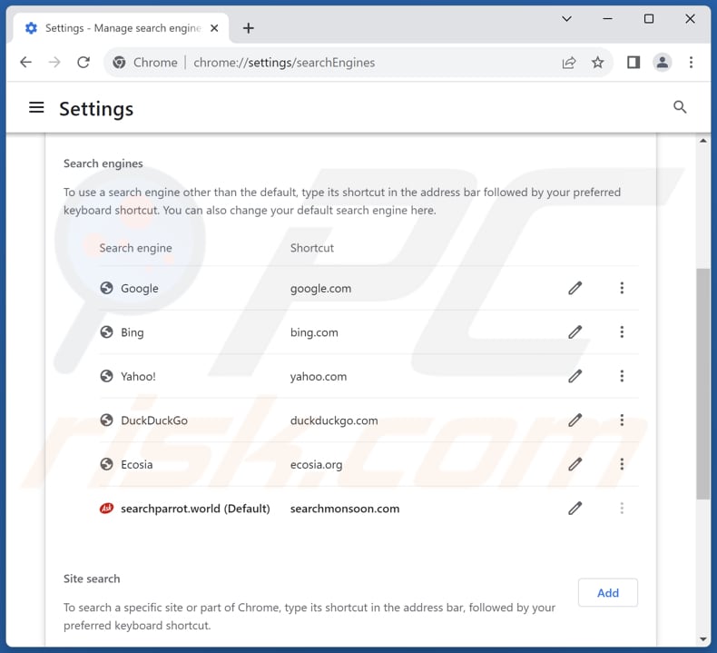 Eliminar searchparrot.world del motor de búsqueda predeterminado de Google Chrome