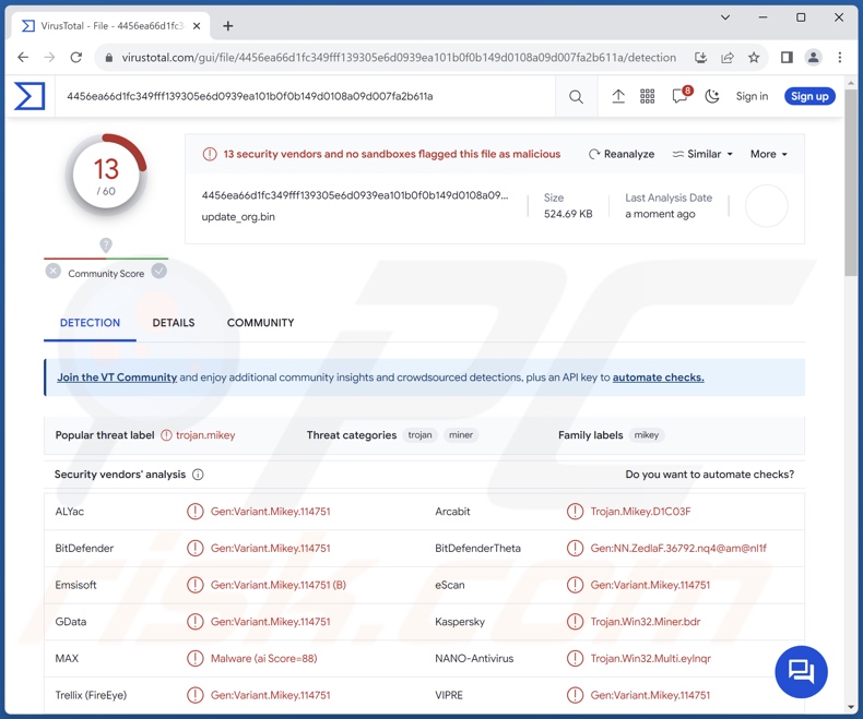 Detecciones del malware StripedFly en VirusTotal