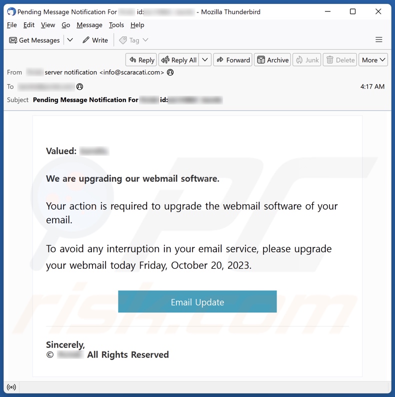 Campaña de spam de actualización del software de Webmail