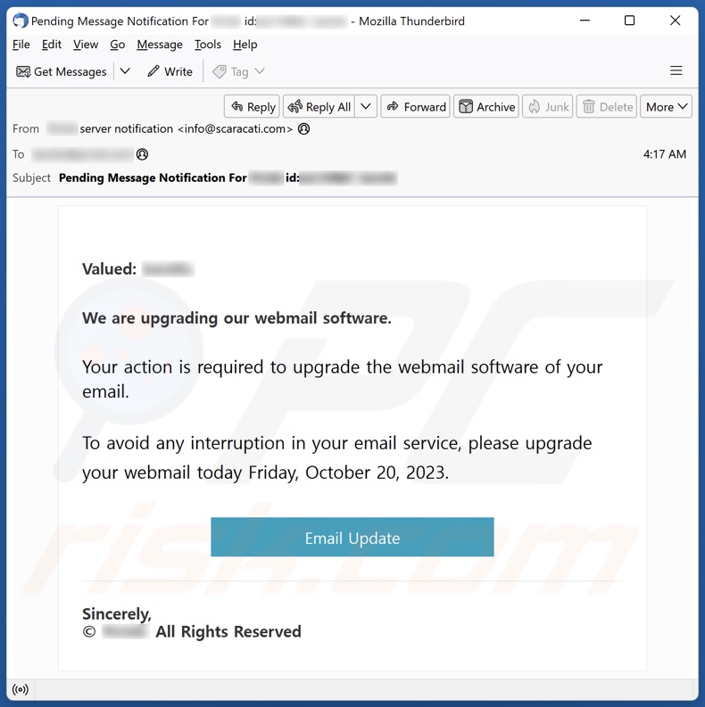 Campaña de spam de actualización del software de Webmail