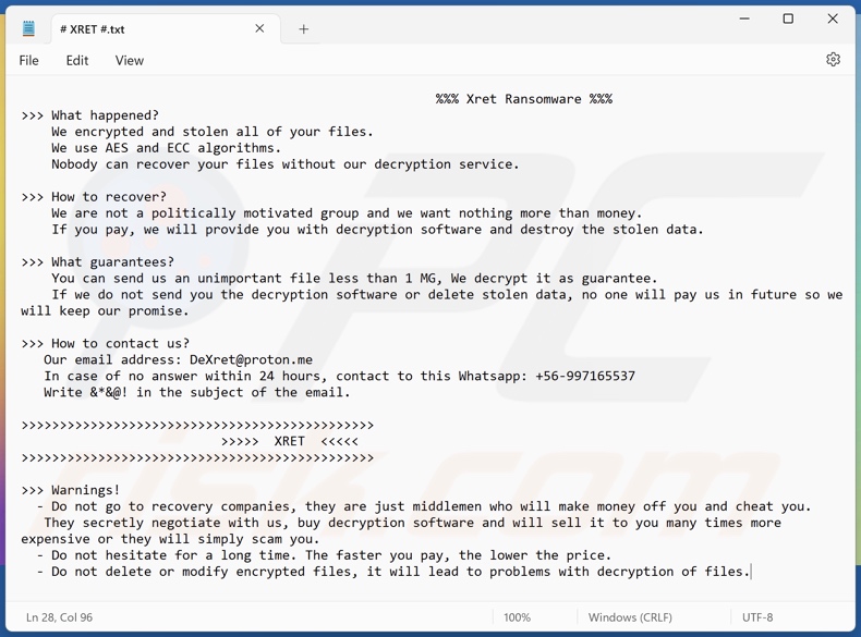 Nota de rescate del ransomware Xret (# XRET #.txt)