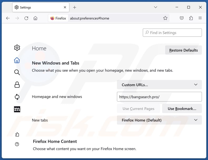 Eliminar bangsearch.pro de la página de inicio de Mozilla Firefox