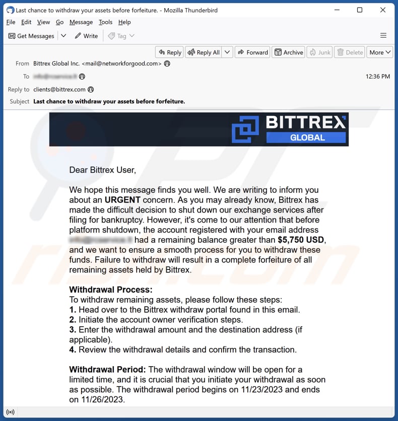 Campaña de spam por correo electrónico de Bittrex