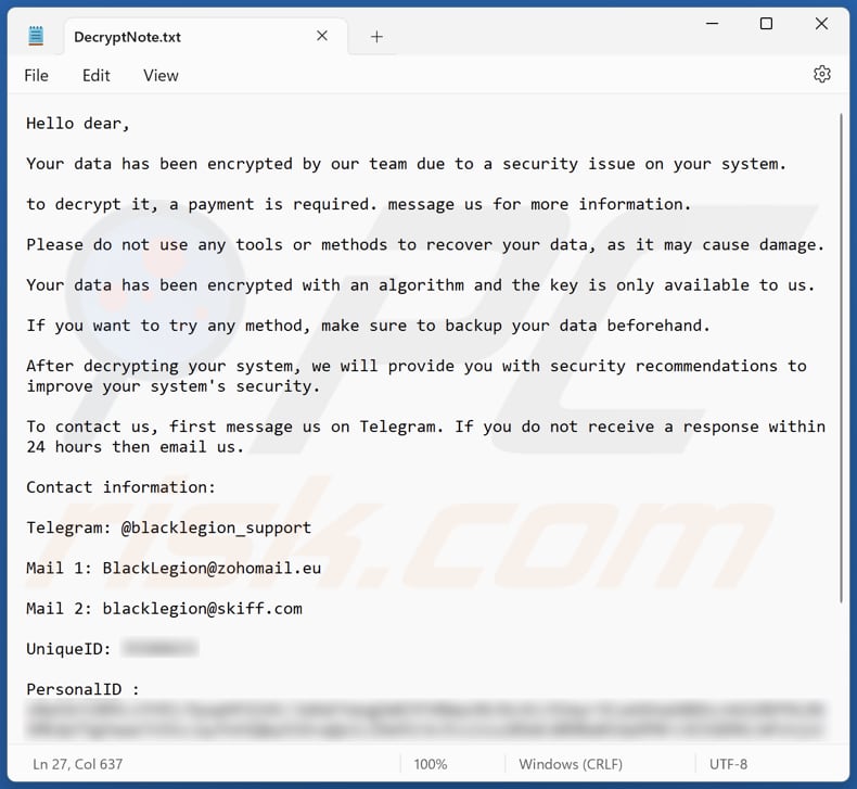 Archivo de texto del ransomware BlackLegion (DecryptNote.txt)