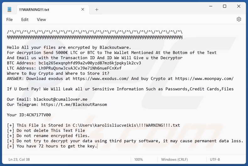 Nota de rescate del ransomware Blackoutware (!!!WARNING!!!.txt)