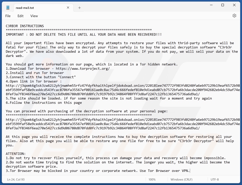 Nota de rescate del ransomware C3RB3R (read-me3.txt)