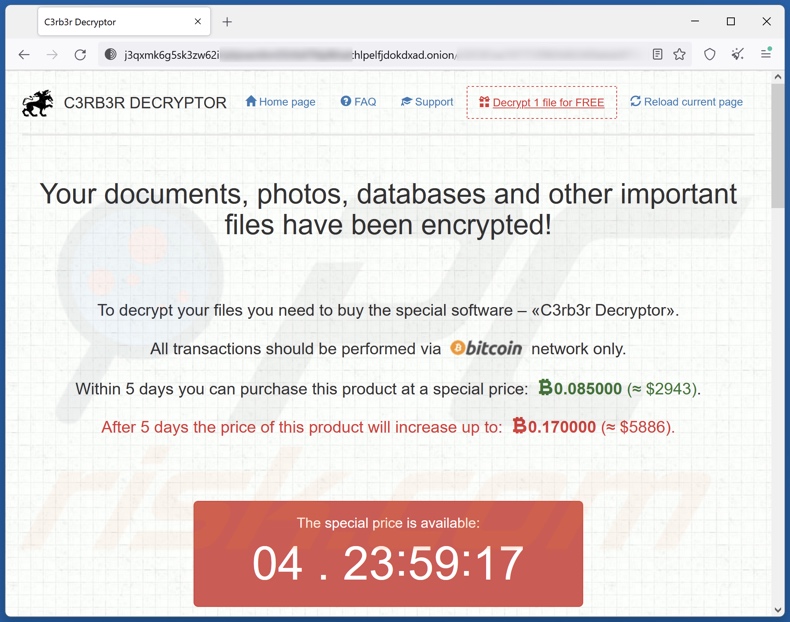 Sitio web Tor del ransomware C3RB3R