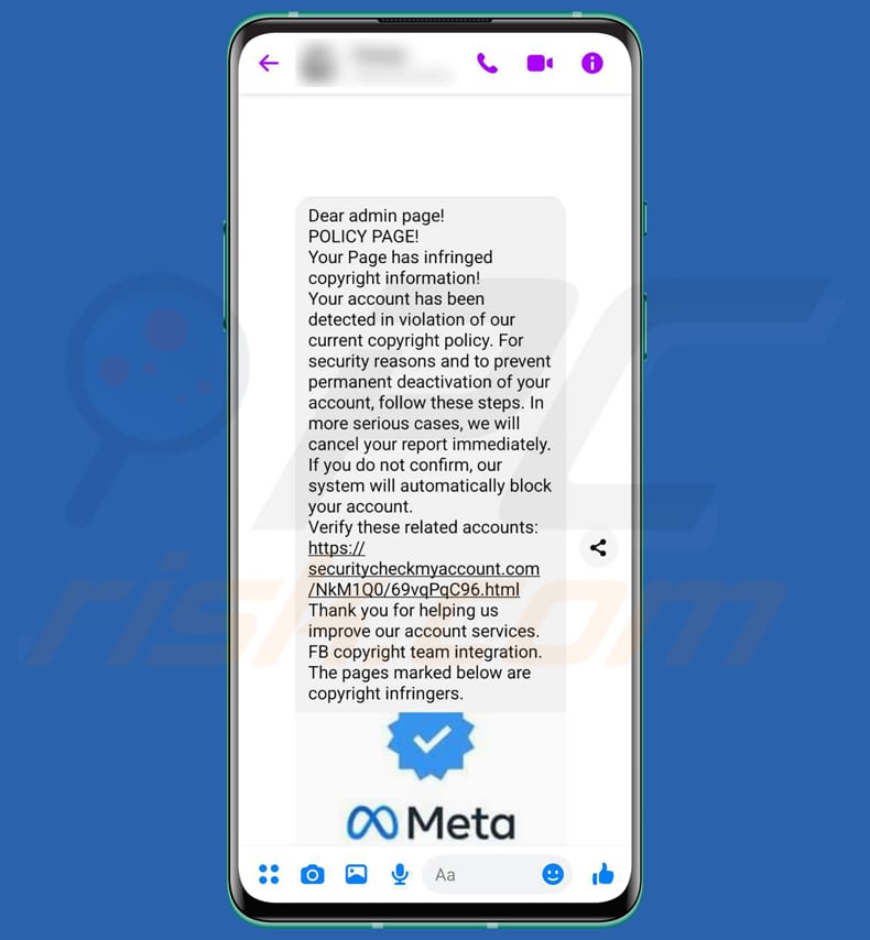 Estafa de smishing Facebook Page Has Infringed Copyright Information
