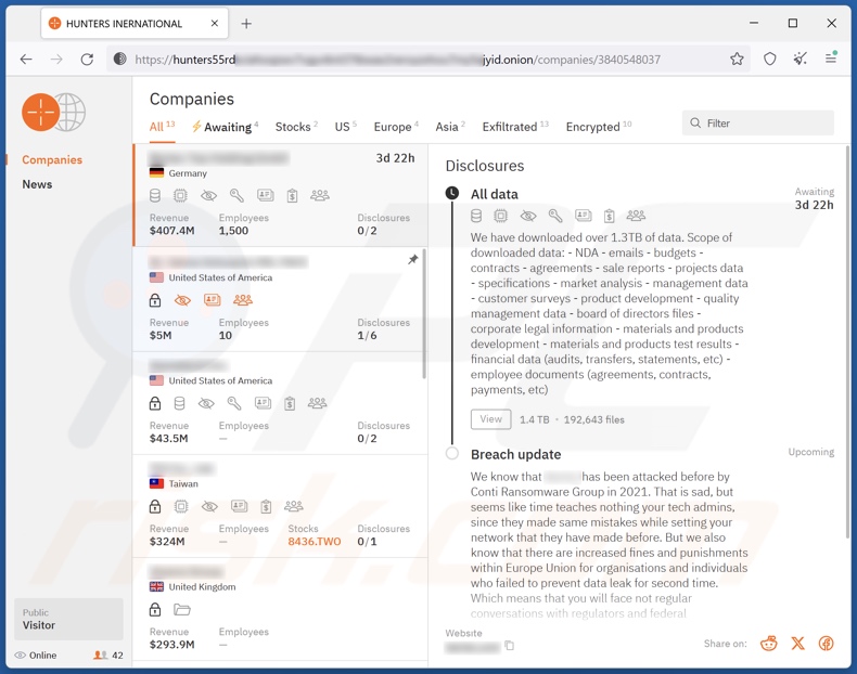 Sitio de filtración de datos del ransomware Hunters International