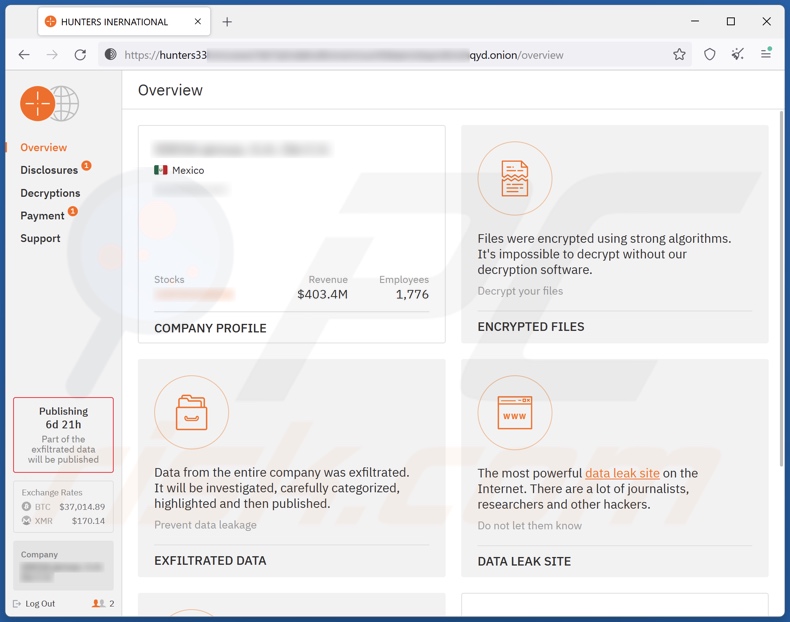 Sitio web de pago/contacto del ransomware Hunters International