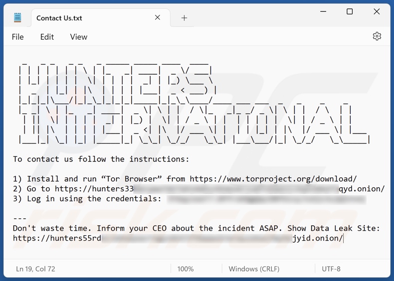 Nota de rescate del ransomware Hunters International (Contact Us.txt)