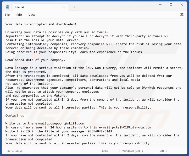 Archivo de texto del ransomware LEAKDB (info.txt)