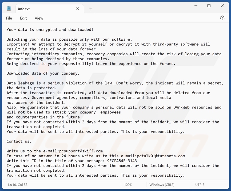 Archivo de texto del ransomware LEAKDB (info.txt)