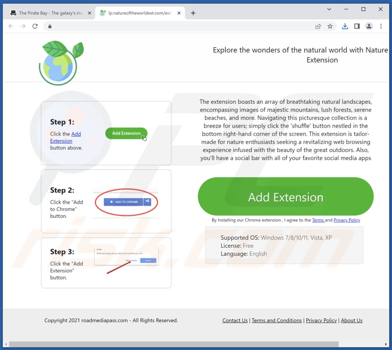Sitio web utilizado para promocionar el secuestrador del navegador Nature Of The World Extension