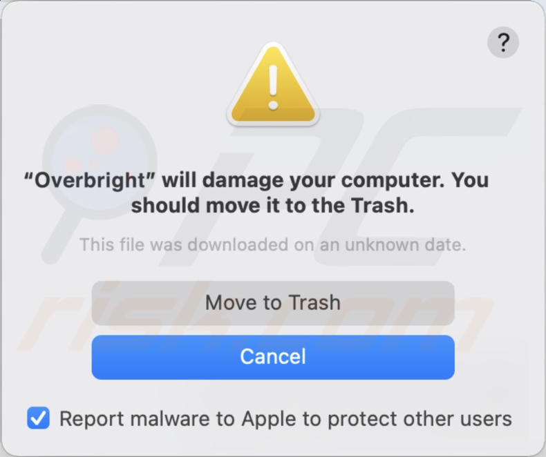 Ventana emergente mostrada cuando el adware Overbright es detectado en el sistema